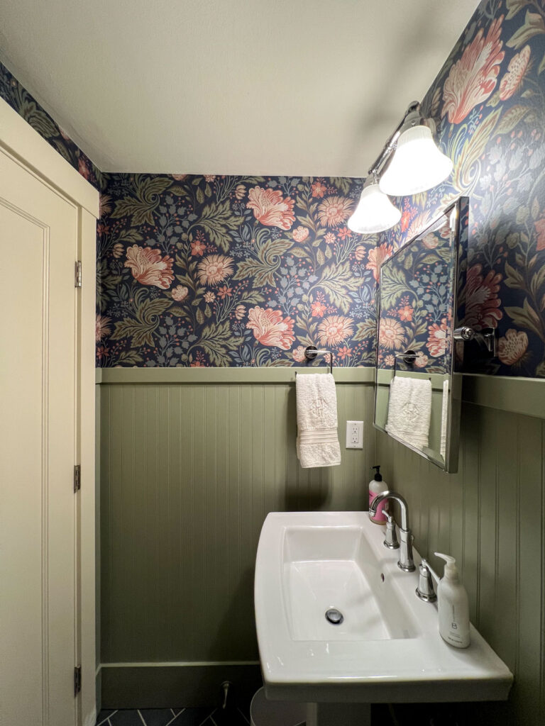powder bath before and after with wallpaper and beadboard